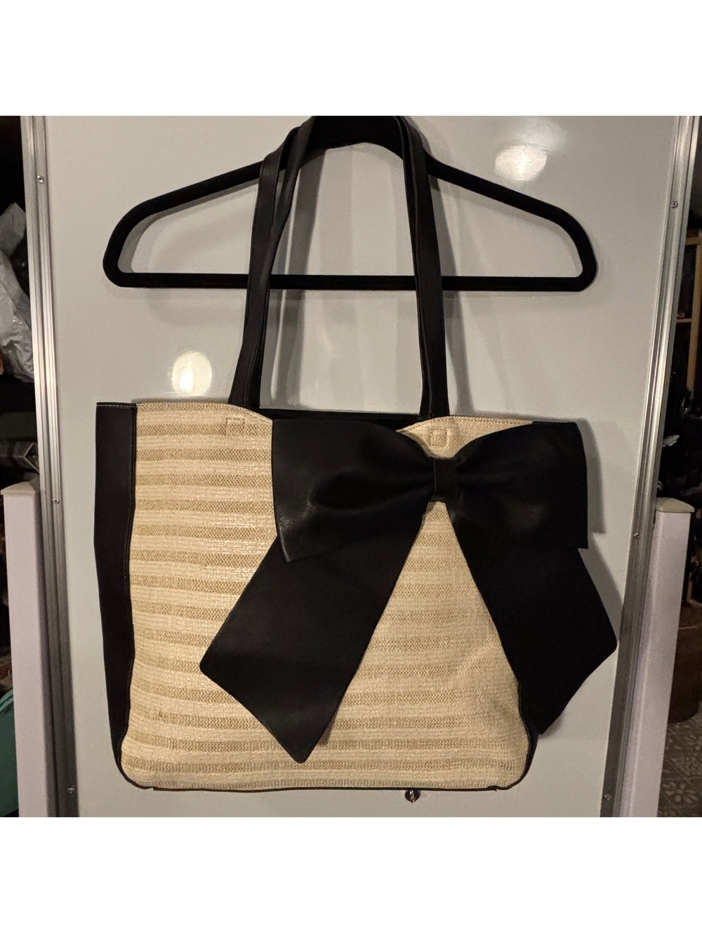 Karl Lagerfeld Straw Tote Bag with Large Black Bow